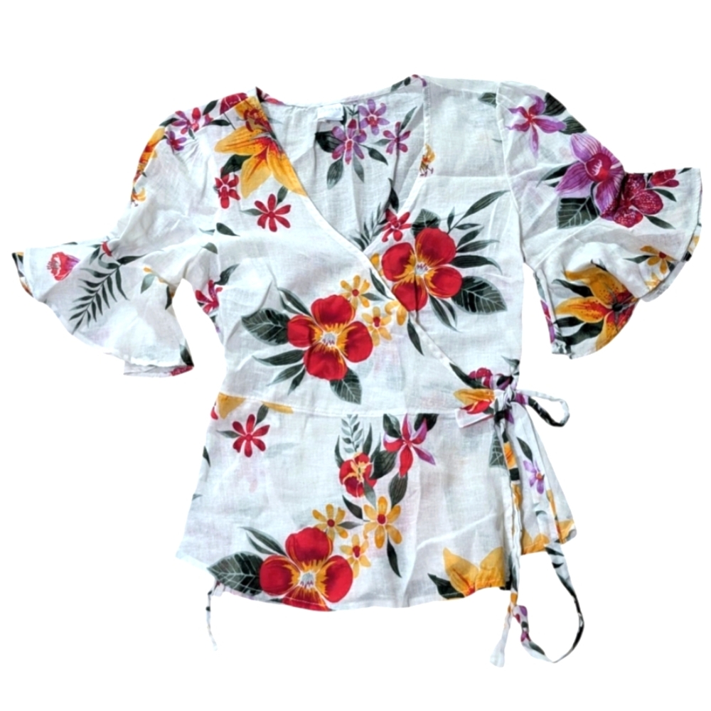 Old Navy Floral Linen Wrap Blouse XS